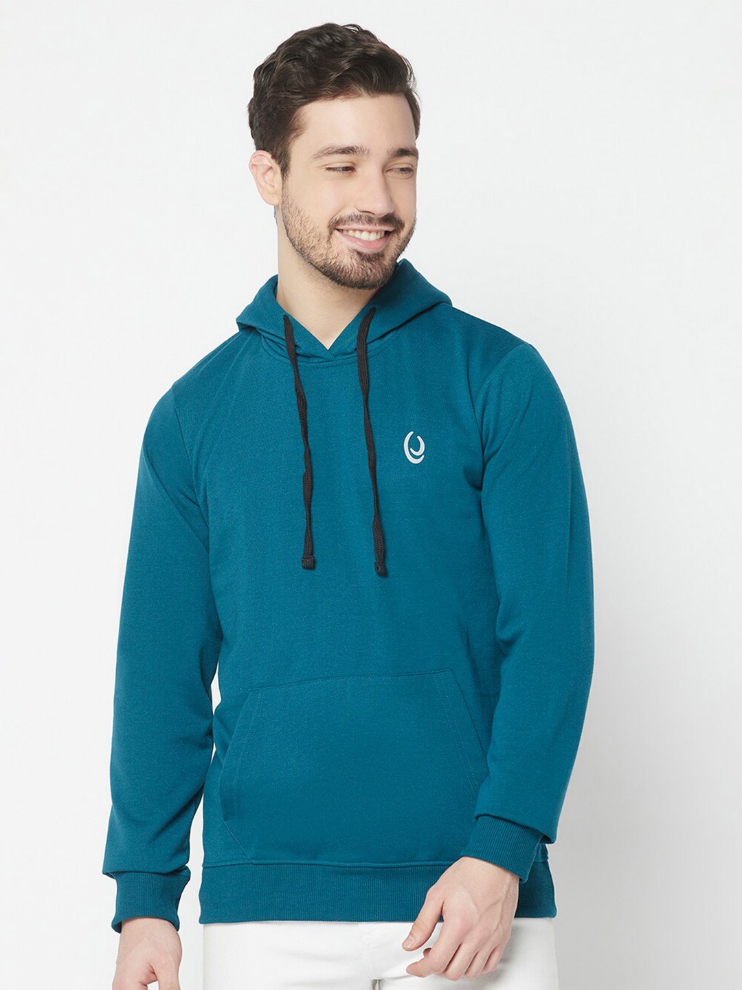 

ELEGANCE Men Solid Cotton Hooded Sweatshirt, Teal