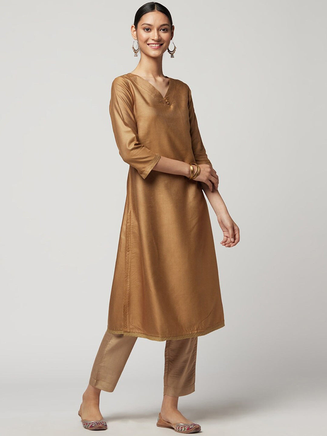 

Fabindia Calf Length V Neck Kurta, Beige