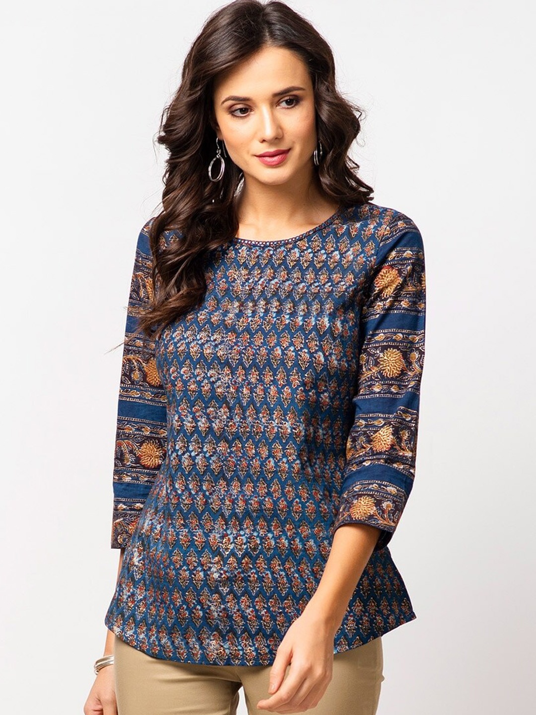 

Fabindia Women Floral Printed Pure Cotton Kurti, Blue