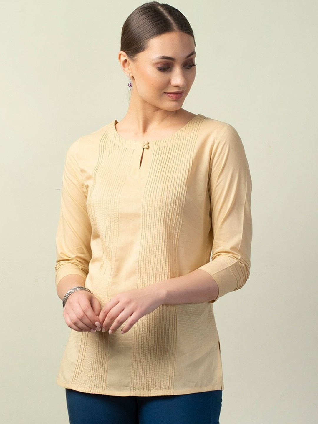 

Fabindia Women Pure Cotton Pleated Kurti, Beige