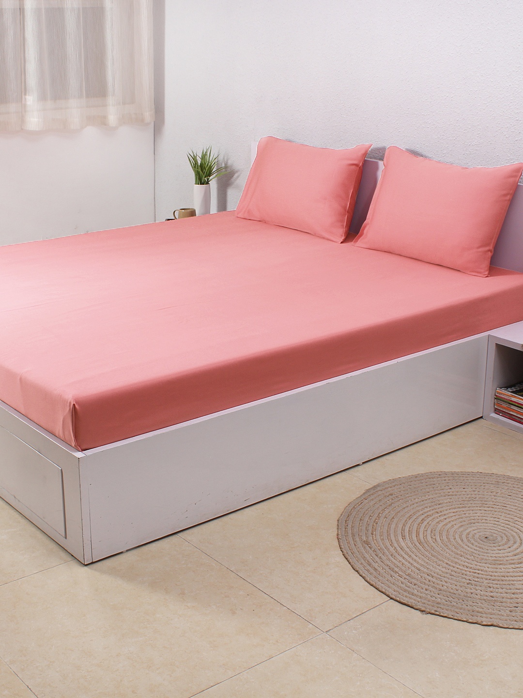 

House This Coral Pink Cotton 300 TC Double Bedsheet with 2 Pillow Covers
