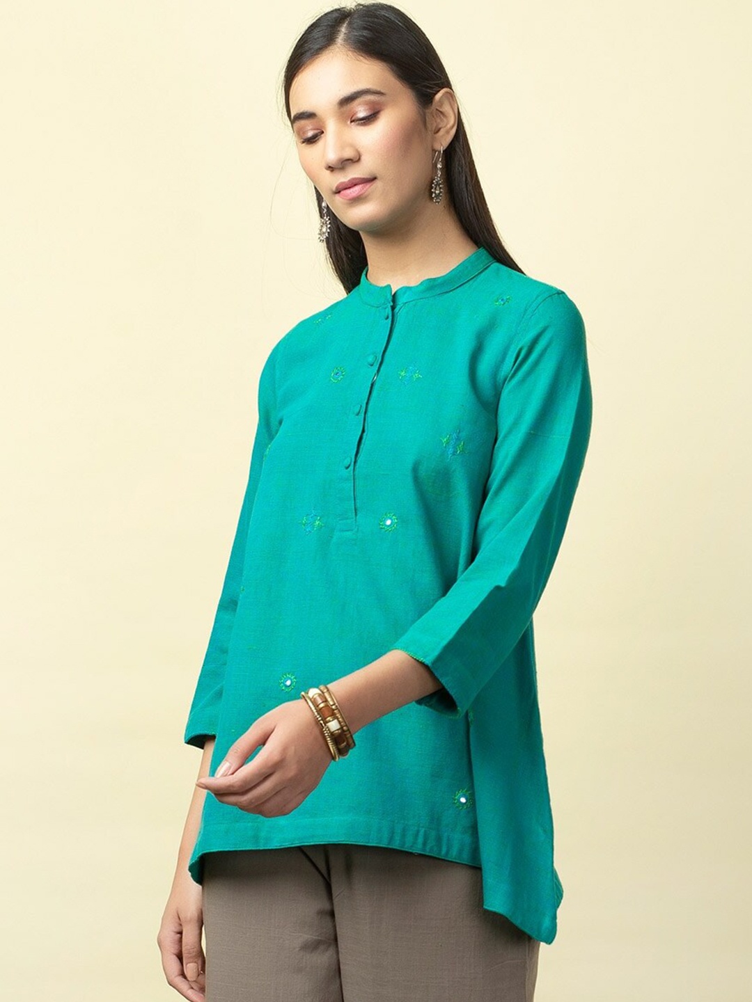 

Fabindia Teal Embroidered Pure Cotton Kurti