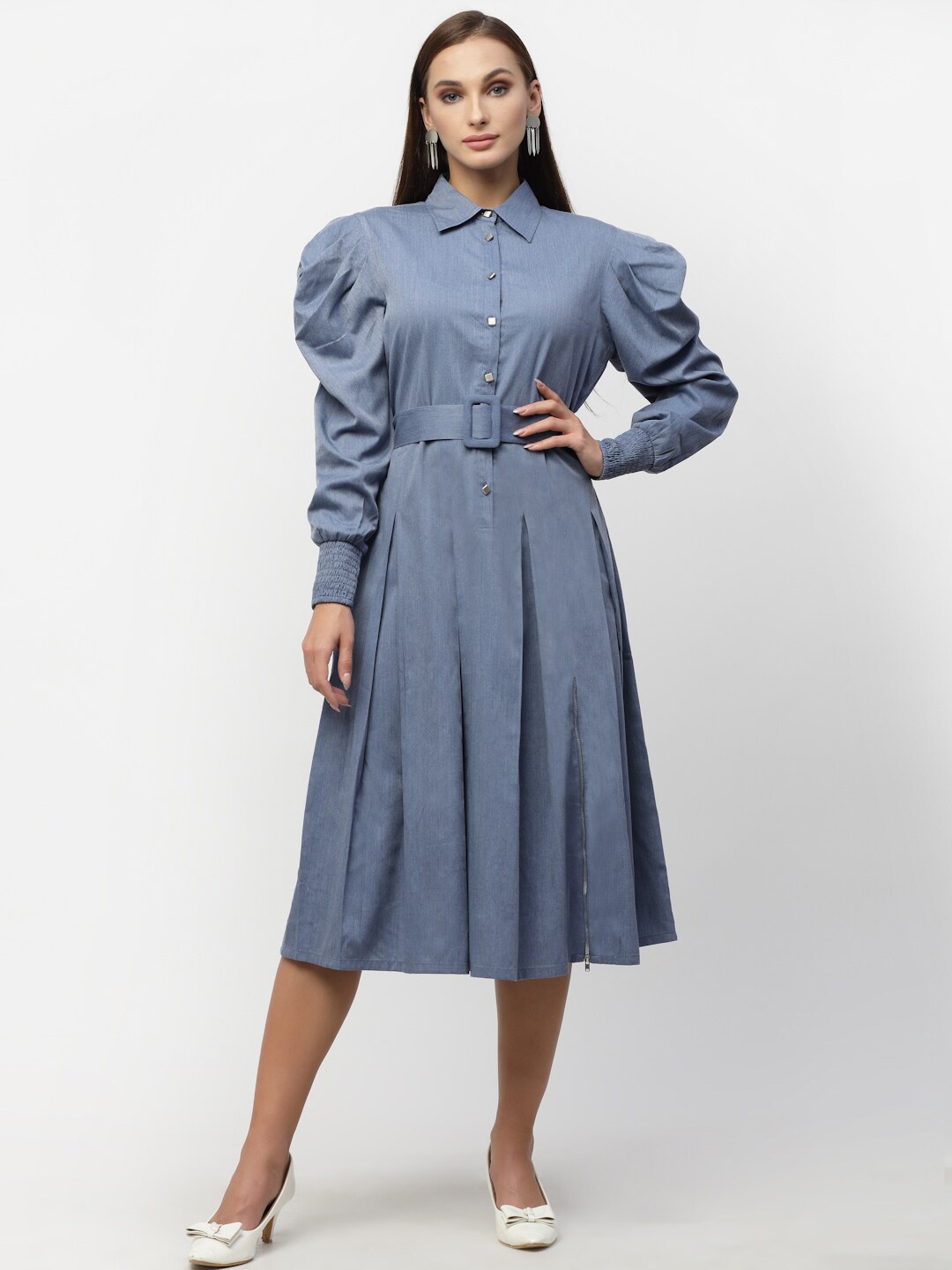 

BLANC9 Cotton Solid Shirt Midi Dress, Blue