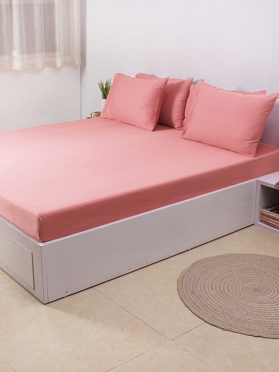

House This Coral Pink Cotton 300 TC Double Bedsheet with 4 Pillow Covers