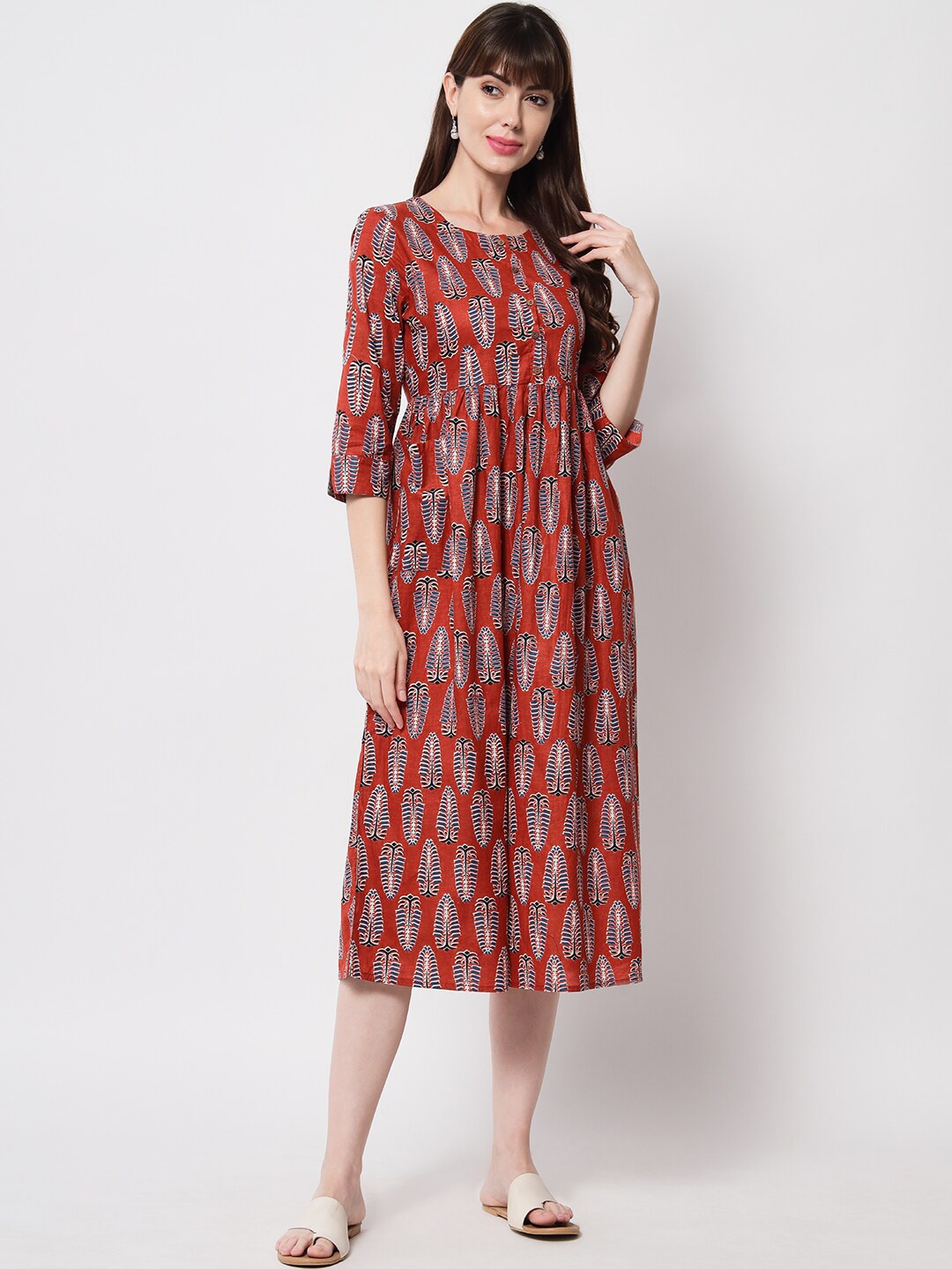 

HERE&NOW Printed Cotton A-line Midi Ethnic Dress, Red