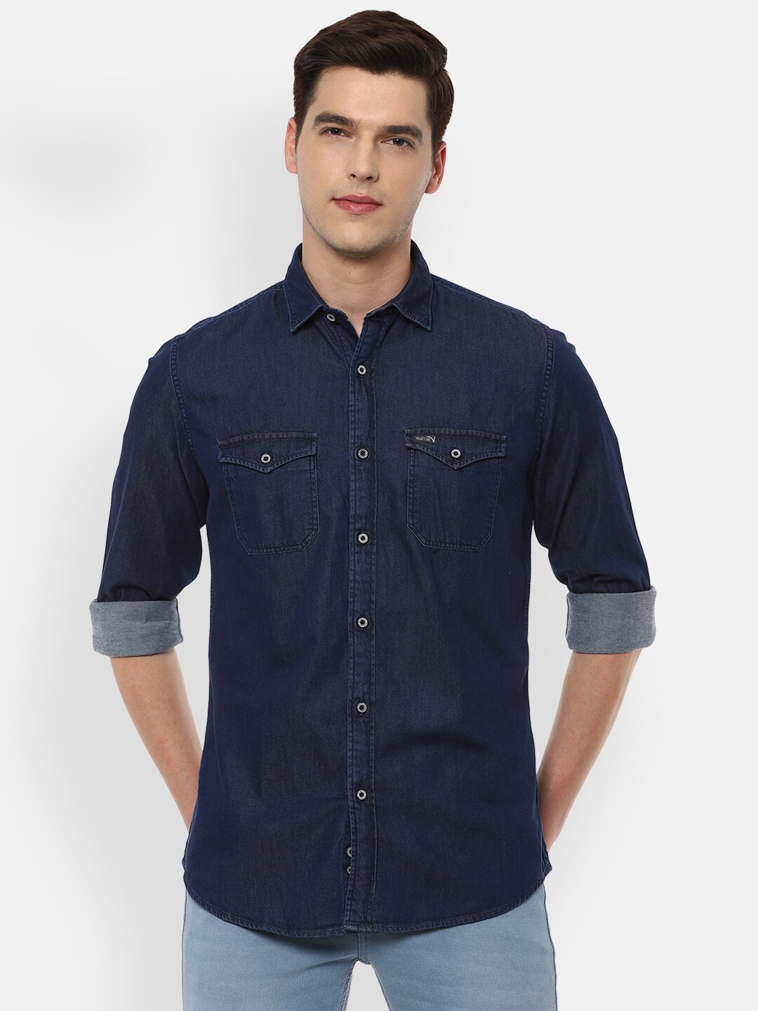

VAN HEUSEN DENIM LABS Men Navy Blue Slim Fit Pure Cotton Casual Shirt