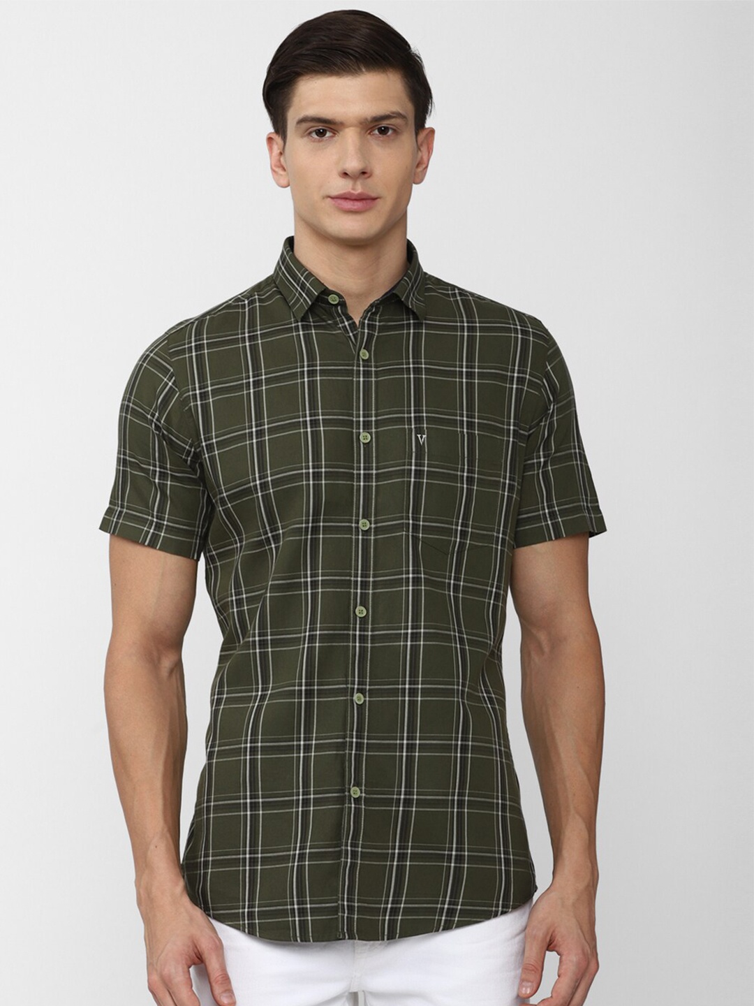 

Van Heusen Sport Men Olive Green Slim Fit Tartan Checks Checked Pure Cotton Casual Shirt