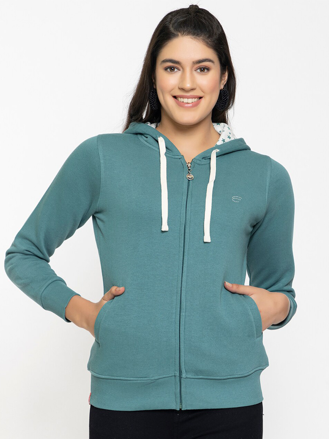 

FEMEA Women Solid Fleece Hooded Front-Open Sweatshirt, Green
