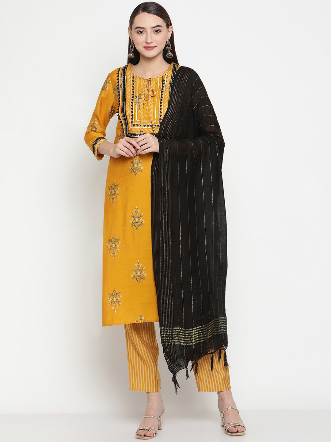 

Be Indi Women Floral Printed Mirror Work Kurta with Trouser & Dupatta Set, Mustard