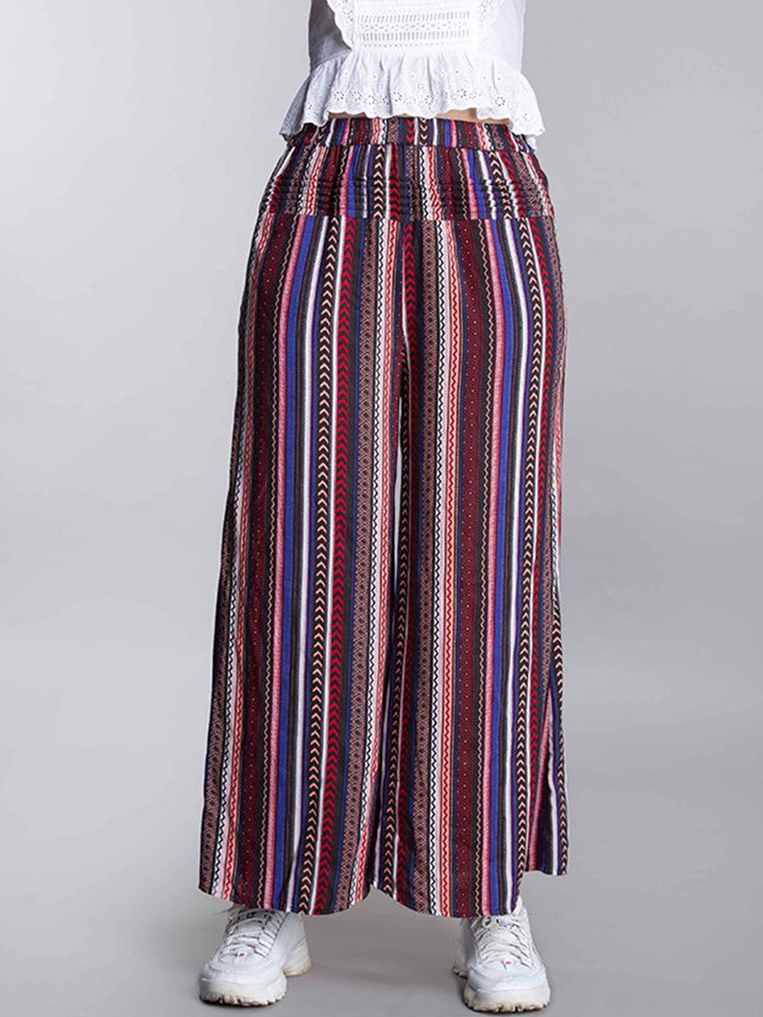 

MKOAL Women Striped High-Rise Parallel Trouser, Red