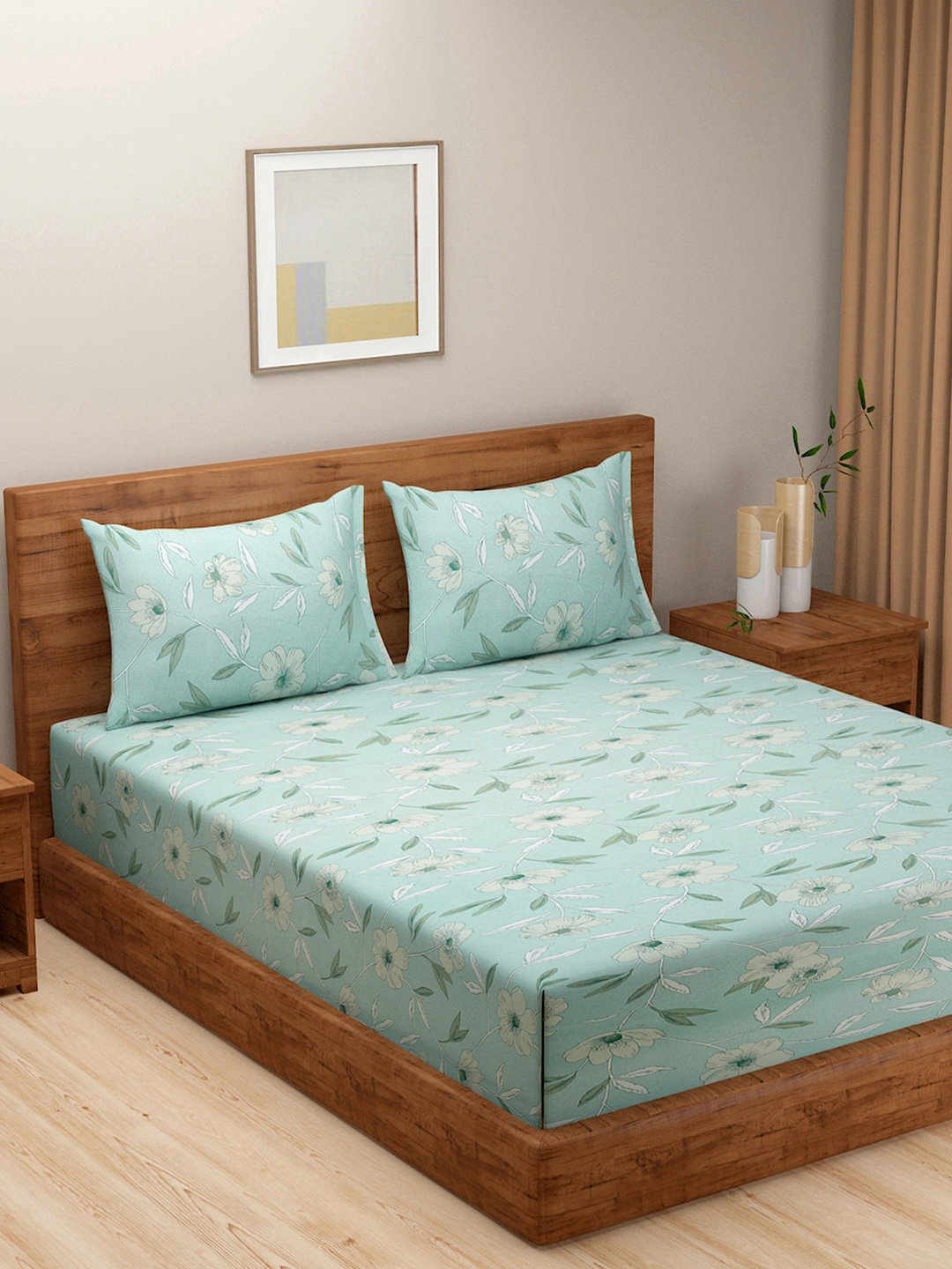 

SWAYAM Pastel Vogue Blue & Green Floral Printed 200 TC Blended Cotton King Bedsheet Set, Sea green