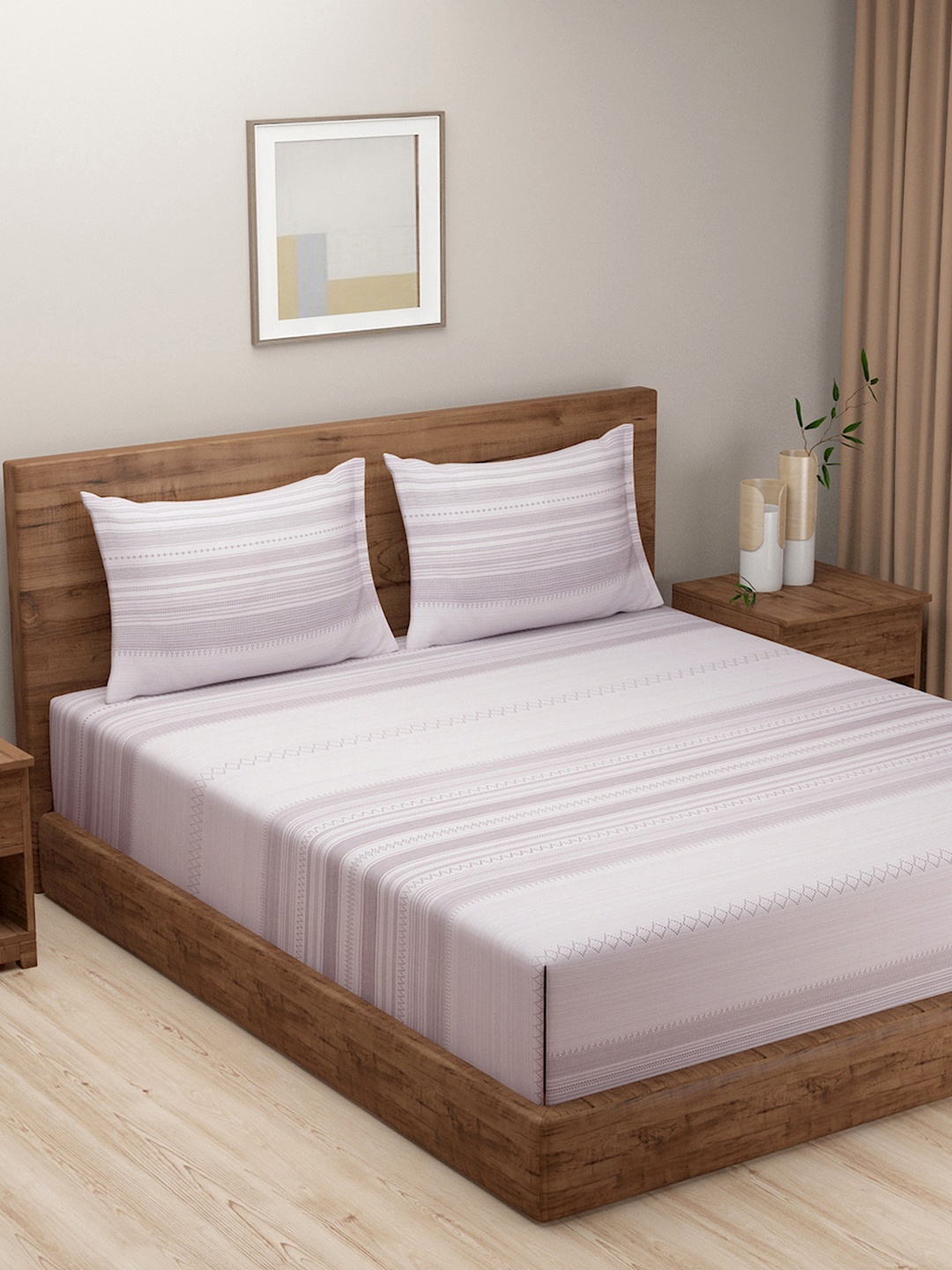 

SWAYAM Pastel Vogue Red Striped 200 TC Blended Cotton King Bedsheet Set, Pink