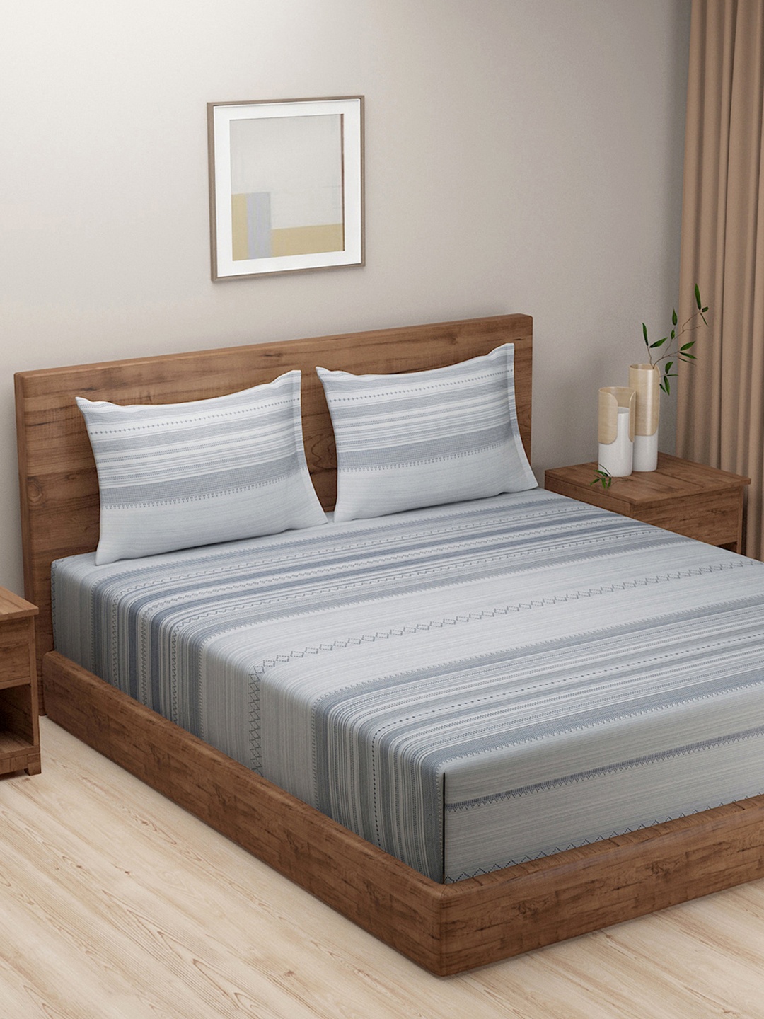 

SWAYAM Pastel Vogue Blue Striped 200 TC Blended Cotton Double Bedsheet Set