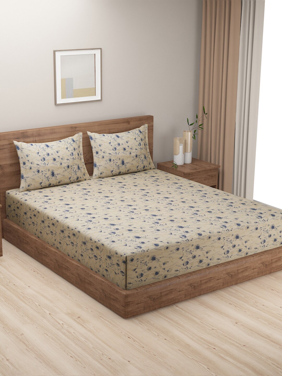 

SWAYAM Zinnia Beige & Blue Floral Cotton Queen Bedsheet with 2 Pillow Covers