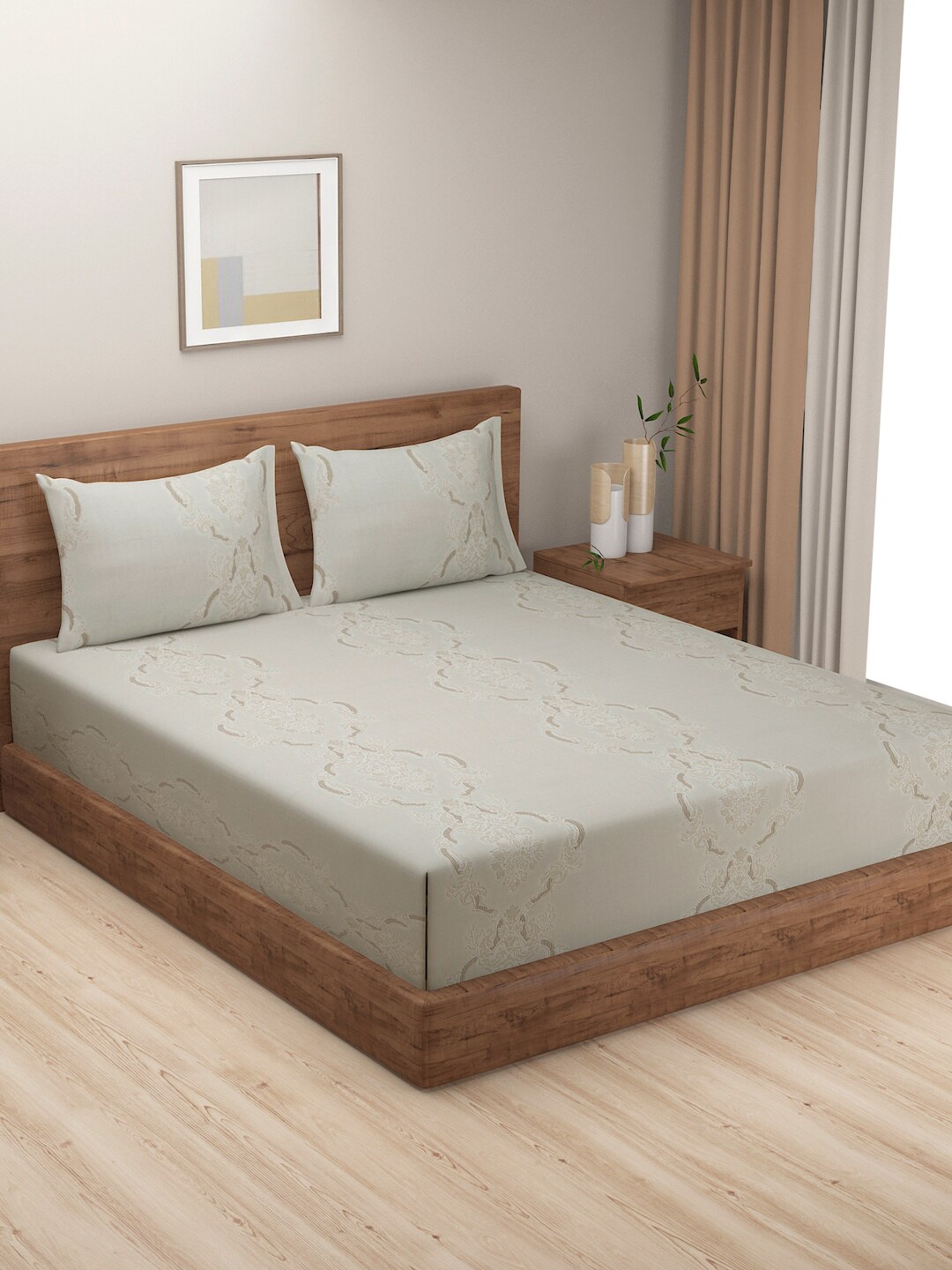 

SWAYAM Pastel Vogue Grey & Brown Ethnic Motifs 210 TC Cotton King Bedsheet with 2 Pillow Covers