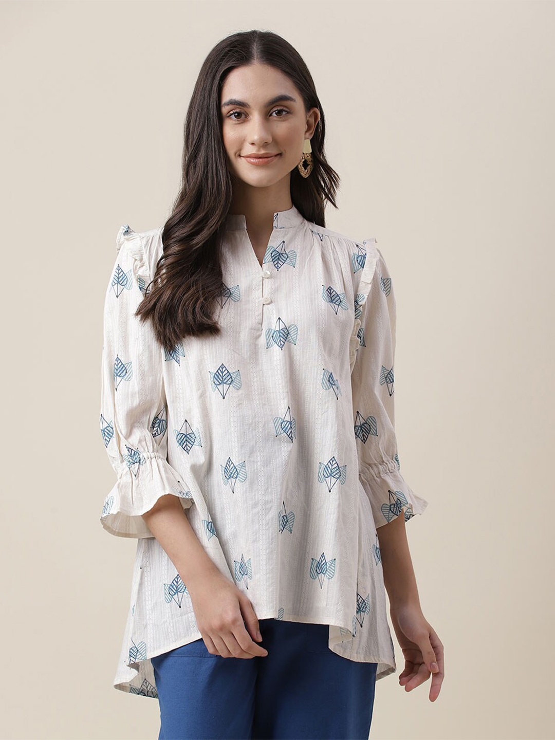 

Fabindia Floral Print Mandarin Collar Cotton Shirt Style Top, Off white