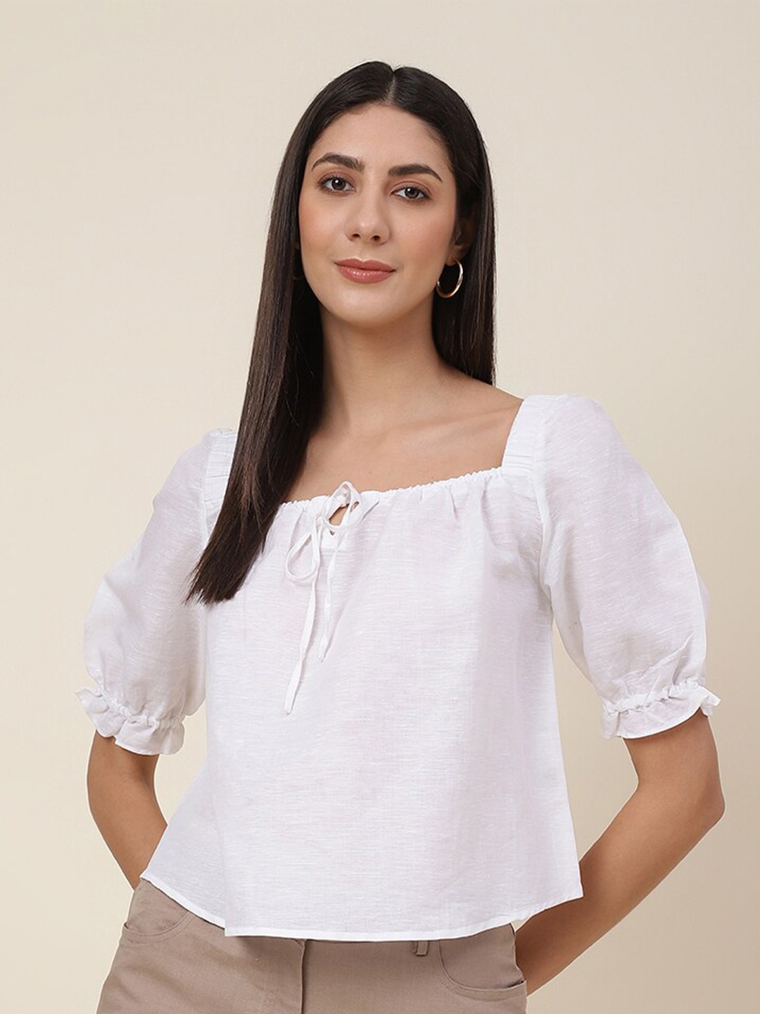 

Fabindia Linen Bardot Crop Top, White