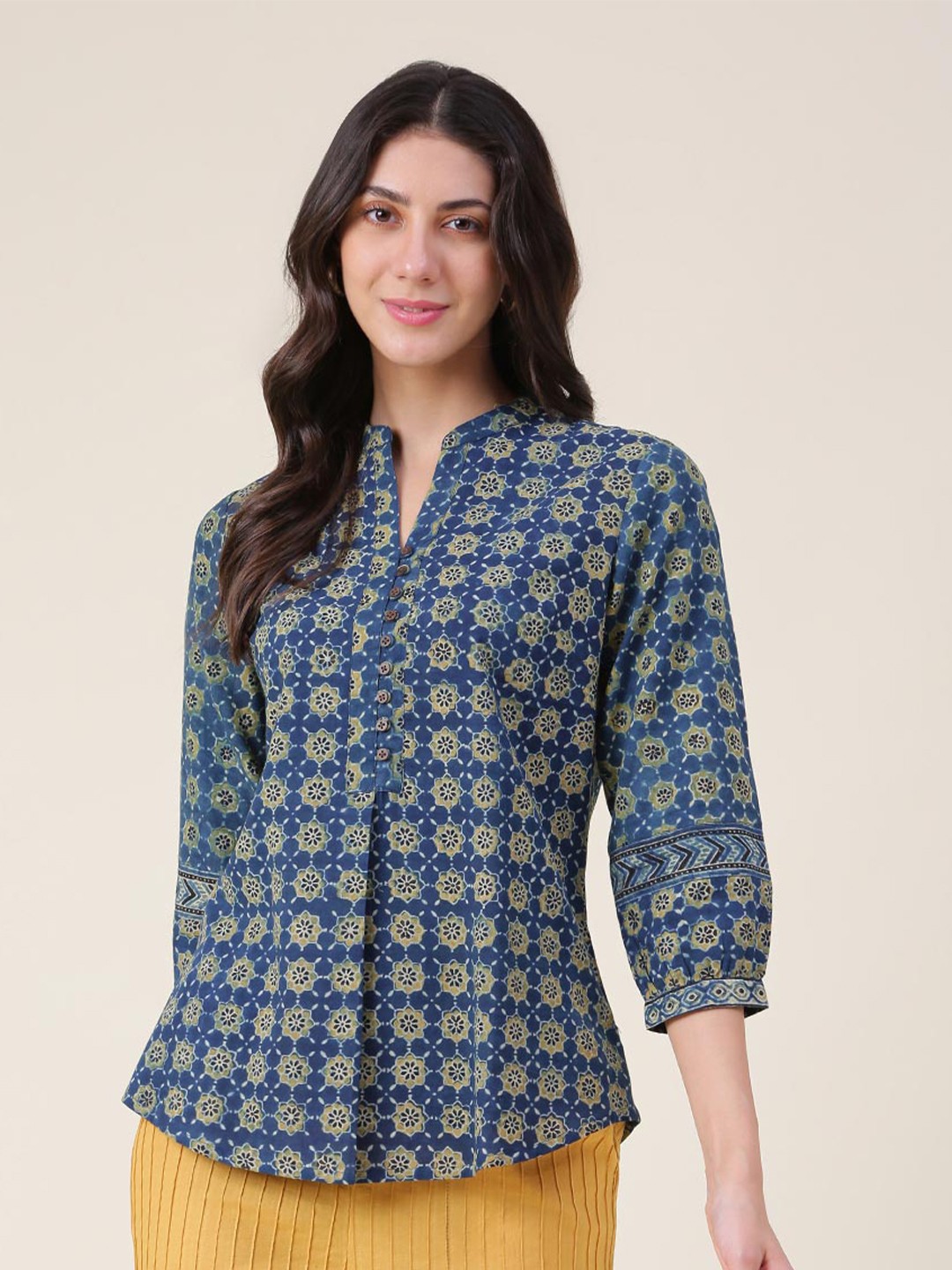 

Fabindia Floral Print Mandarin Collar Cotton Shirt Style Top, Blue