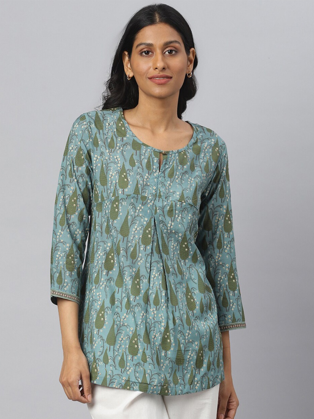

Fabindia Printed Keyhole Neck Top, Blue