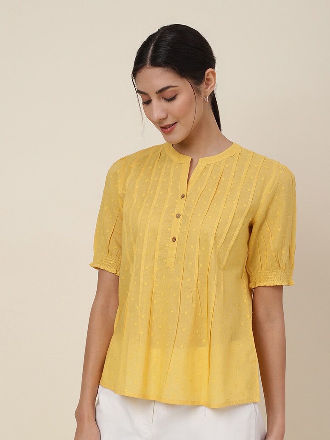 

Fabindia Mandarin Collar Cotton Top, Yellow