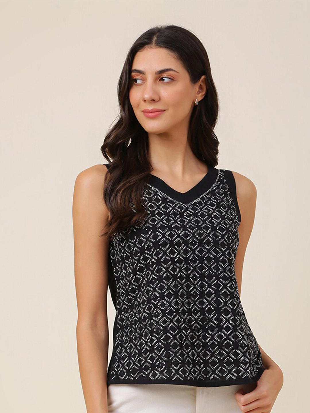 

Fabindia Geometric Print Cotton Top, Black