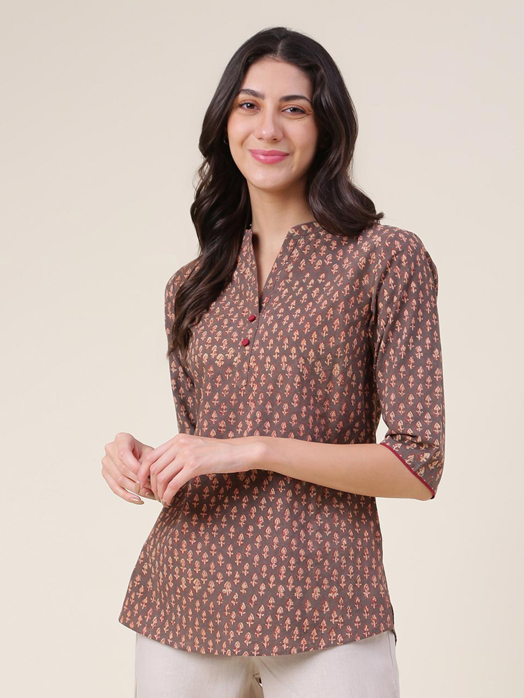 

Fabindia Floral Print Mandarin Collar Cotton Top, Brown