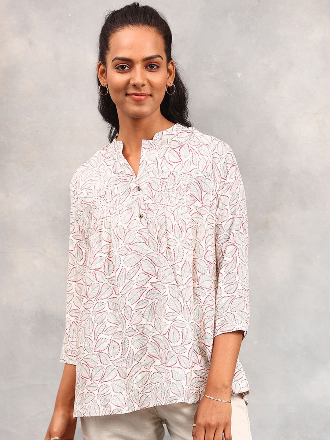 

Fabindia Floral Print Mandarin Collar Top, Peach