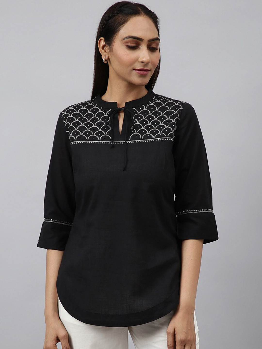

Fabindia Embroidered Tie-Up Neck Top, Black