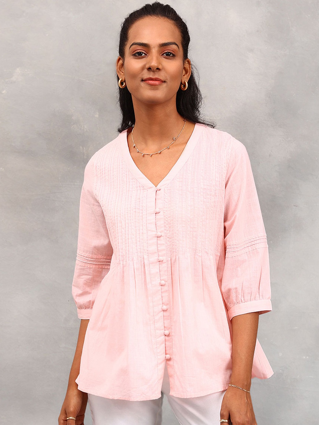 

Fabindia Pink V-Neck Cotton Top