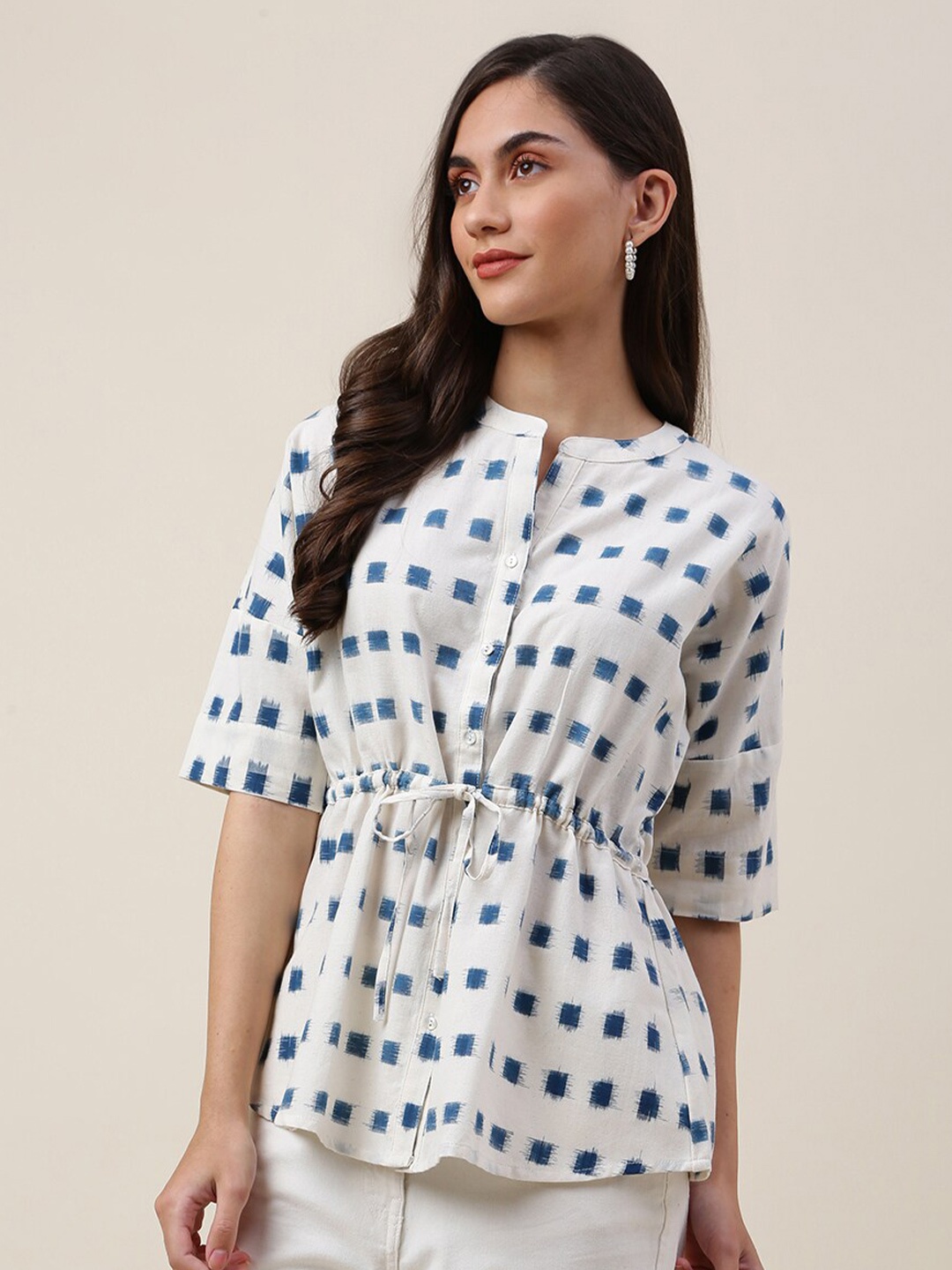 

Fabindia White & Blue Geometric Print Mandarin Collar Extended Sleeves Cinched Waist Top