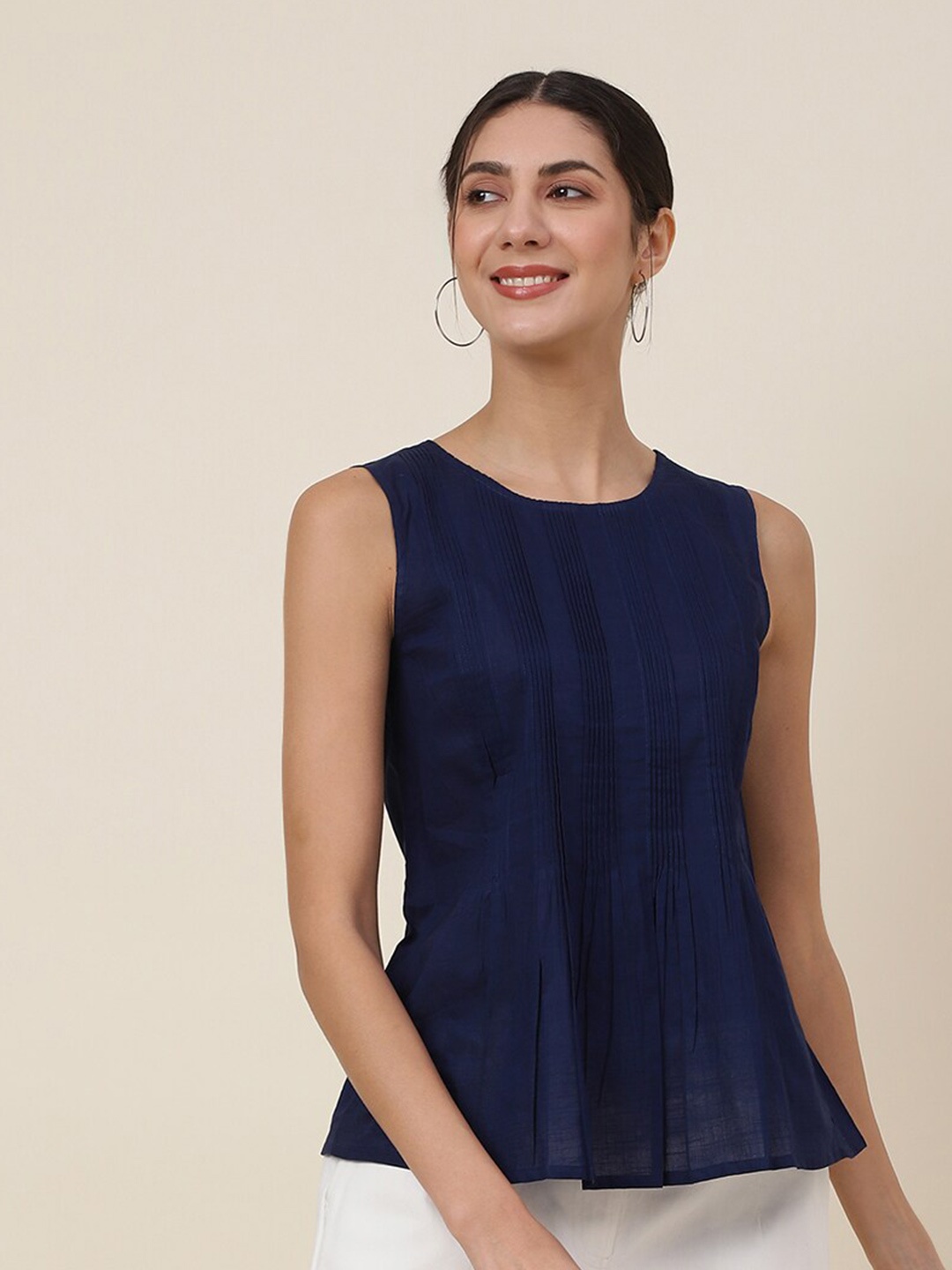 

Fabindia Round Neck Cotton Top, Navy blue