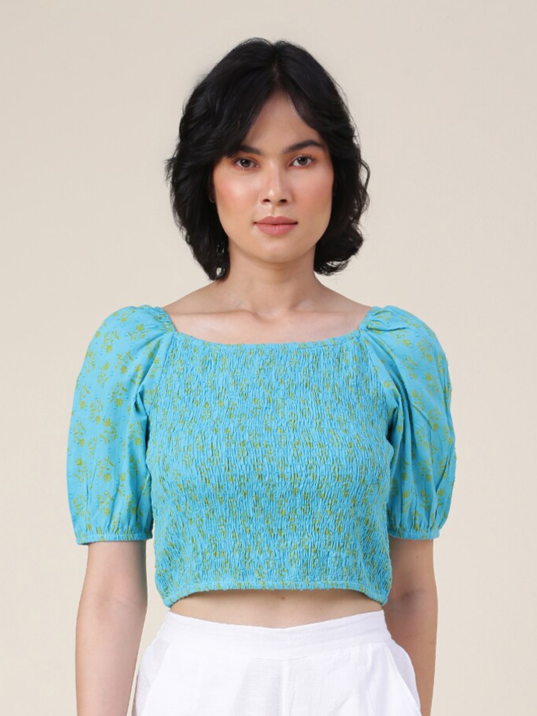 

Fabindia Floral Printed Puff Sleeves Pure Cotton Crop Top, Turquoise blue