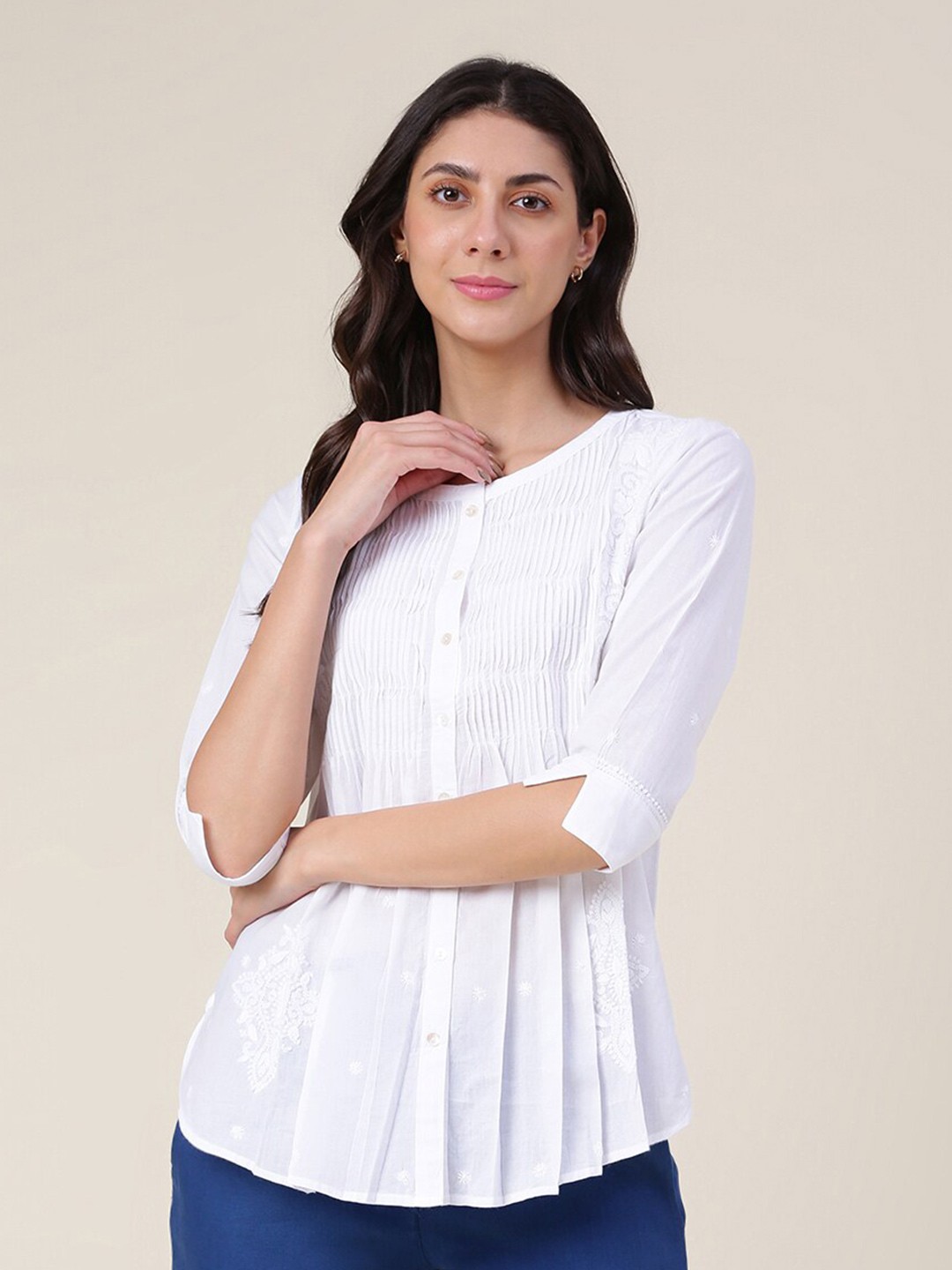 

Fabindia Ethnic Embroidered Pleated Detailed Pure Cotton A-Line Top, White