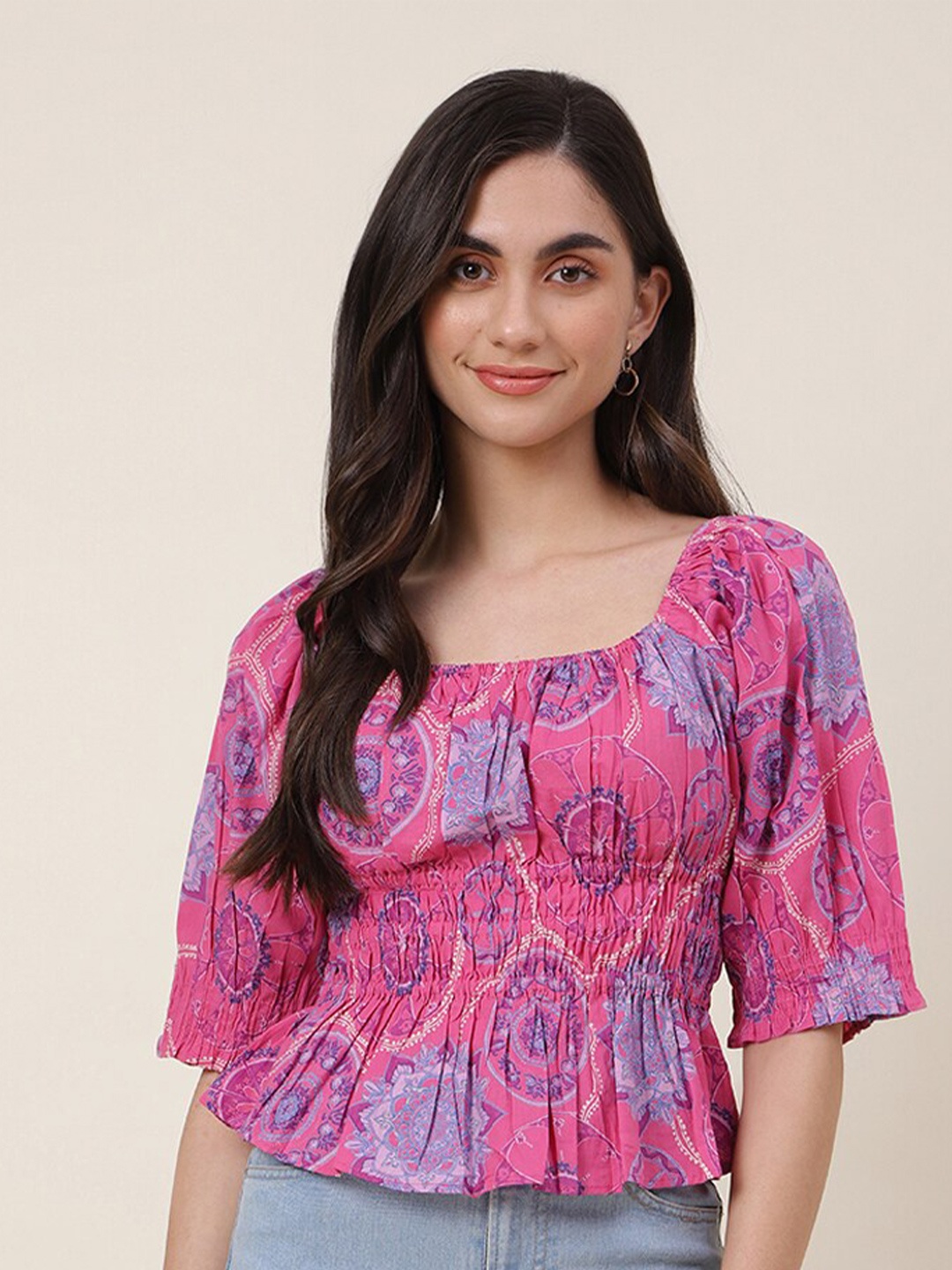 

Fabindia Print Cinched Waist Cotton Top, Pink