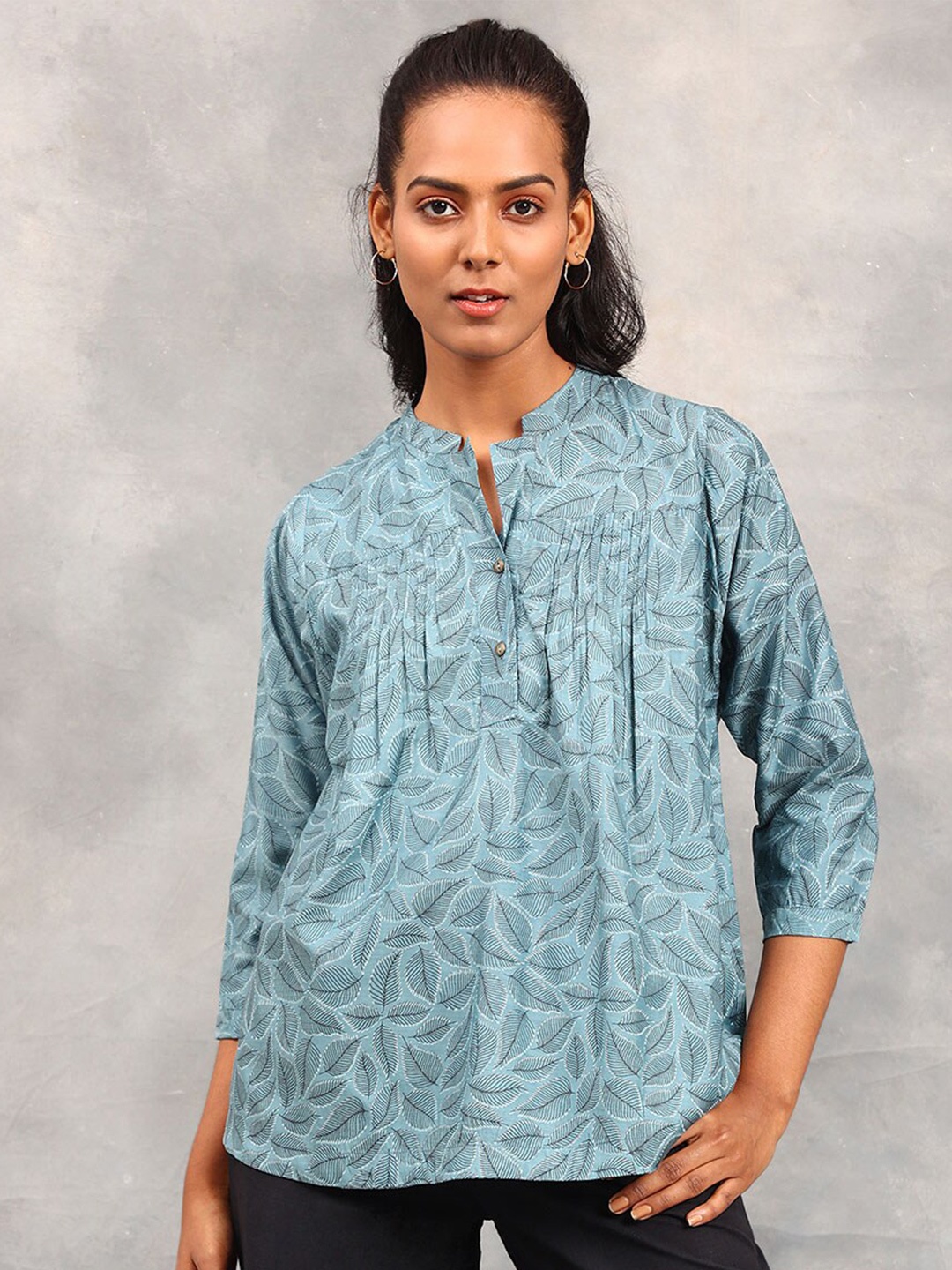 

Fabindia Blue Floral Print Mandarin Collar Top