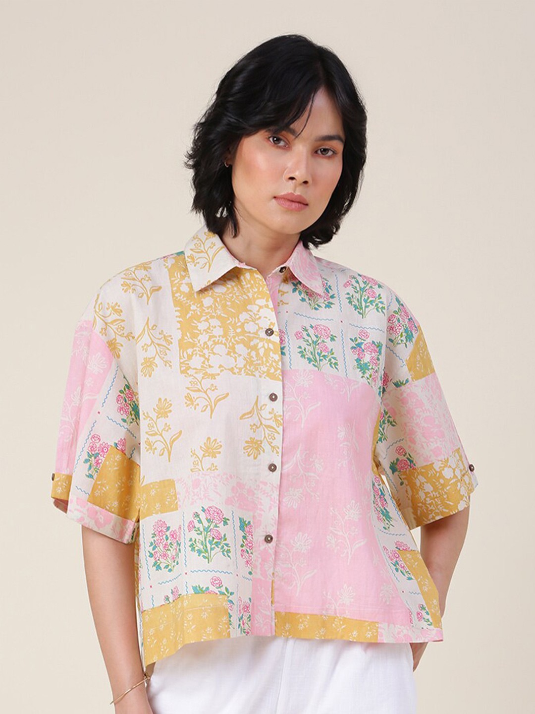 

Fabindia Floral Print Cotton Shirt Style Top, Beige