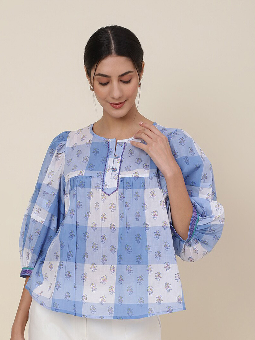 

Fabindia Blue & White Floral Checked Tie-Up Neck Top