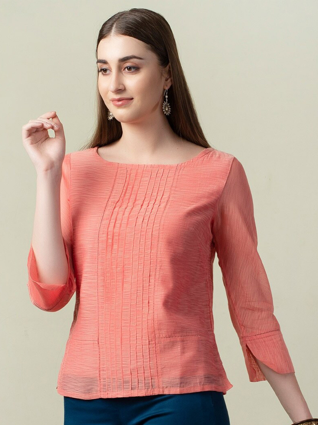 

Fabindia Boat Neck Cuffed Sleeves Regular Top, Peach