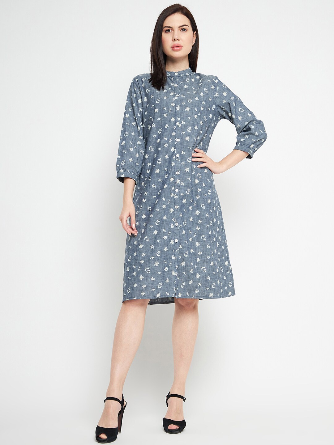 

Ruhaans Blue Floral Denim A-Line Dress