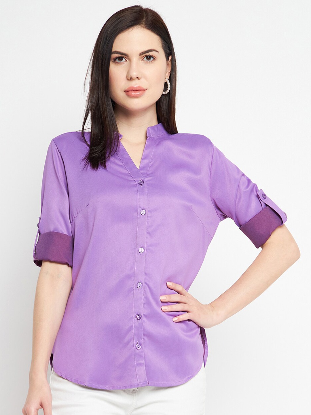 

Ruhaans Women Mandarin Collar Casual Shirt, Purple