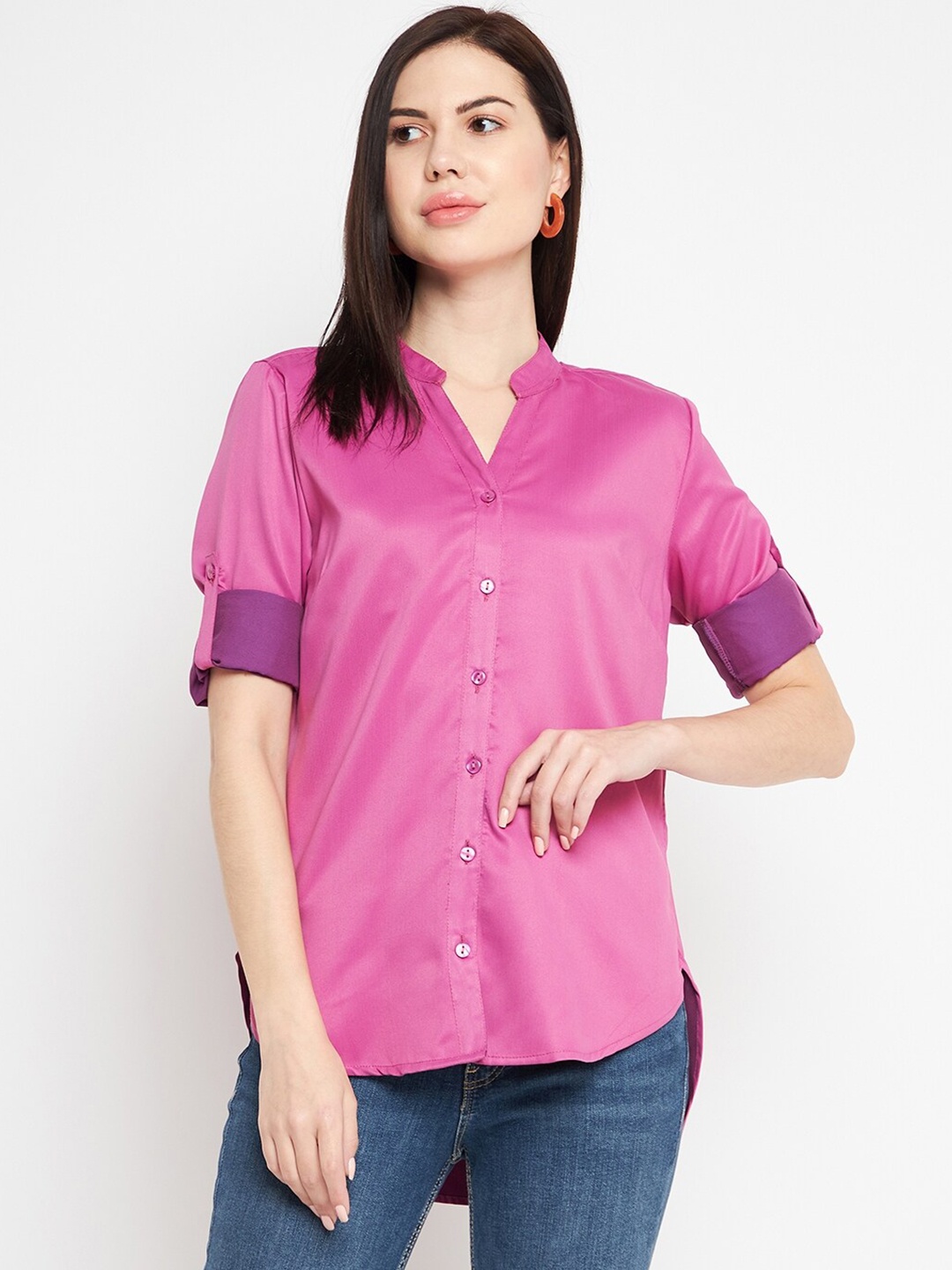 

Ruhaans Women Mandarin Collar Casual Shirt, Pink