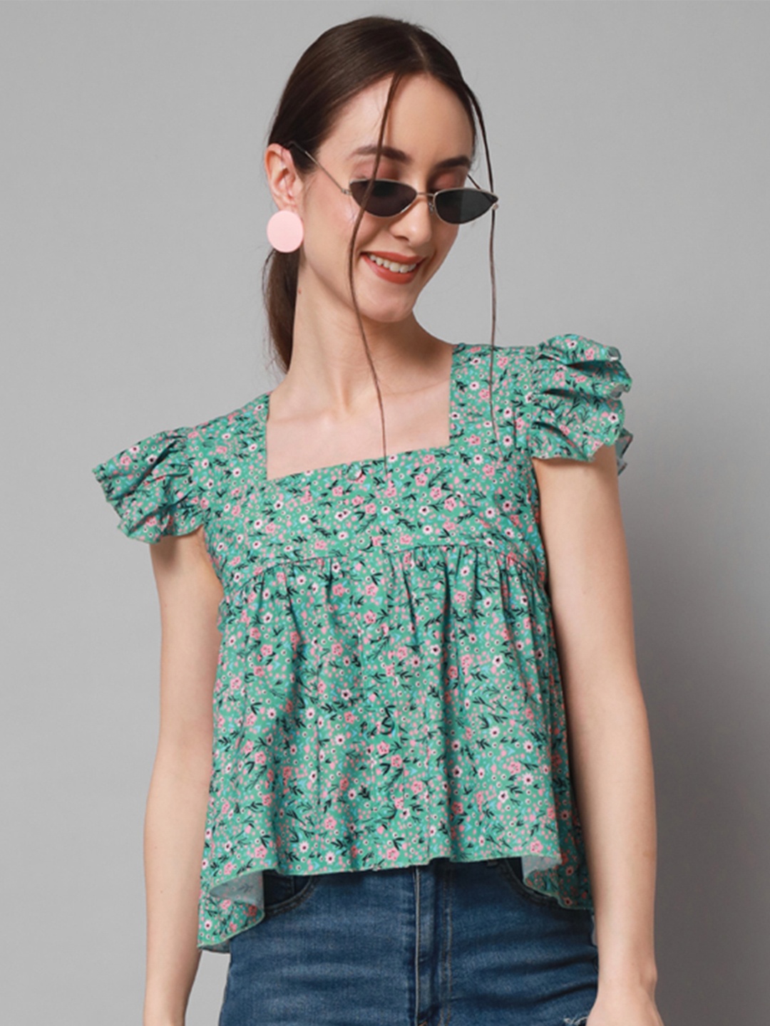 

ADDYVERO Floral Print Ruffles Top, Green