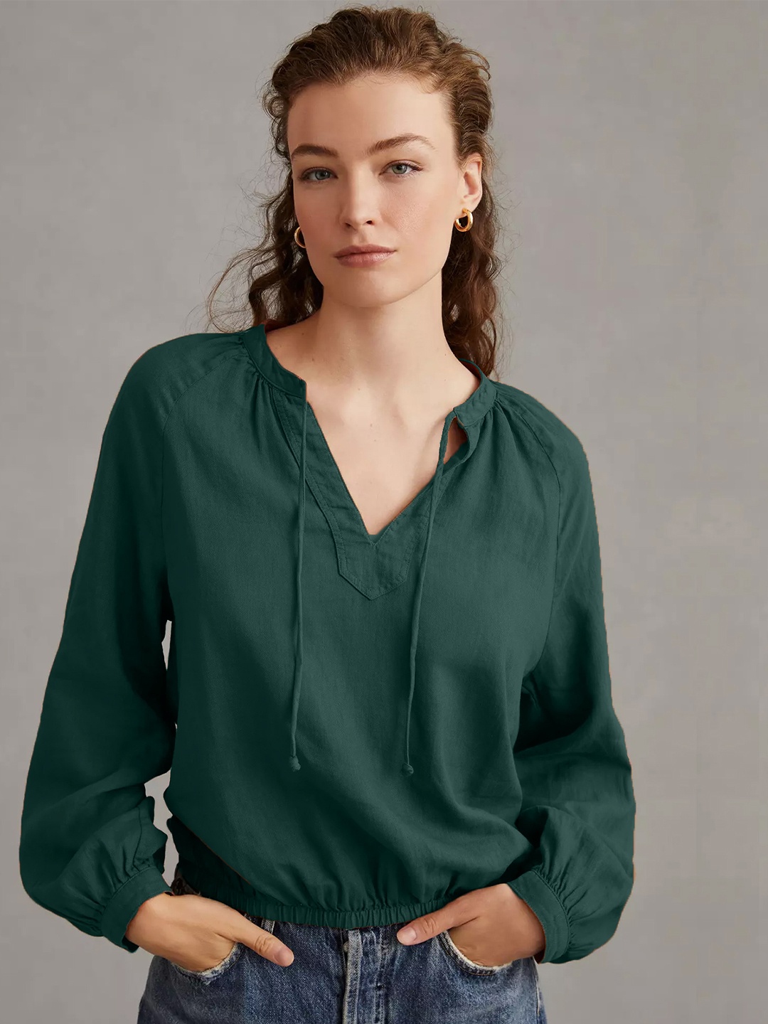 

ADDYVERO Tie-Up Neck Blouson Top, Green