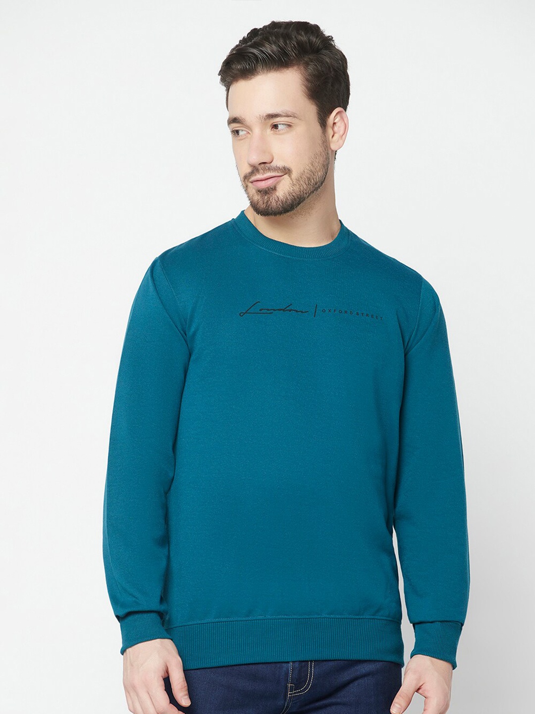 

ELEGANCE Men Solid Cotton Round Neck Sweatshirt, Teal