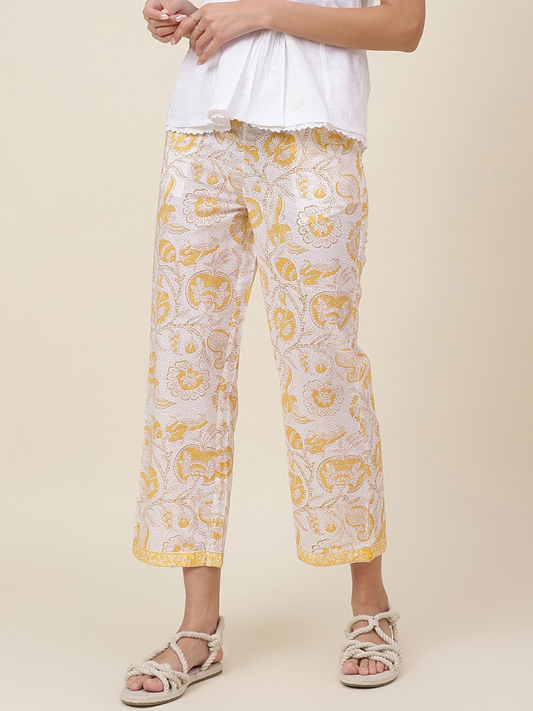 

Fabindia FabBasic Women Floral Printed Comfort Fit Cotton Trousers, Yellow
