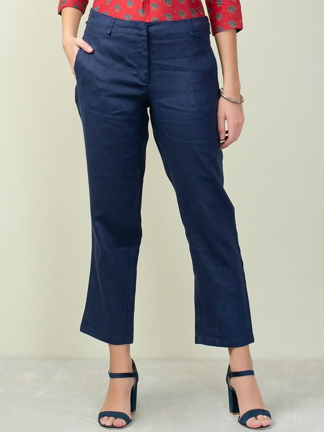 

Fabindia Women Pleated Trousers, Blue