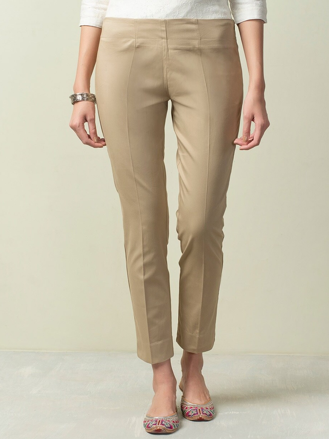 

Fabindia Women Cotton Slim Fit Trousers, Beige