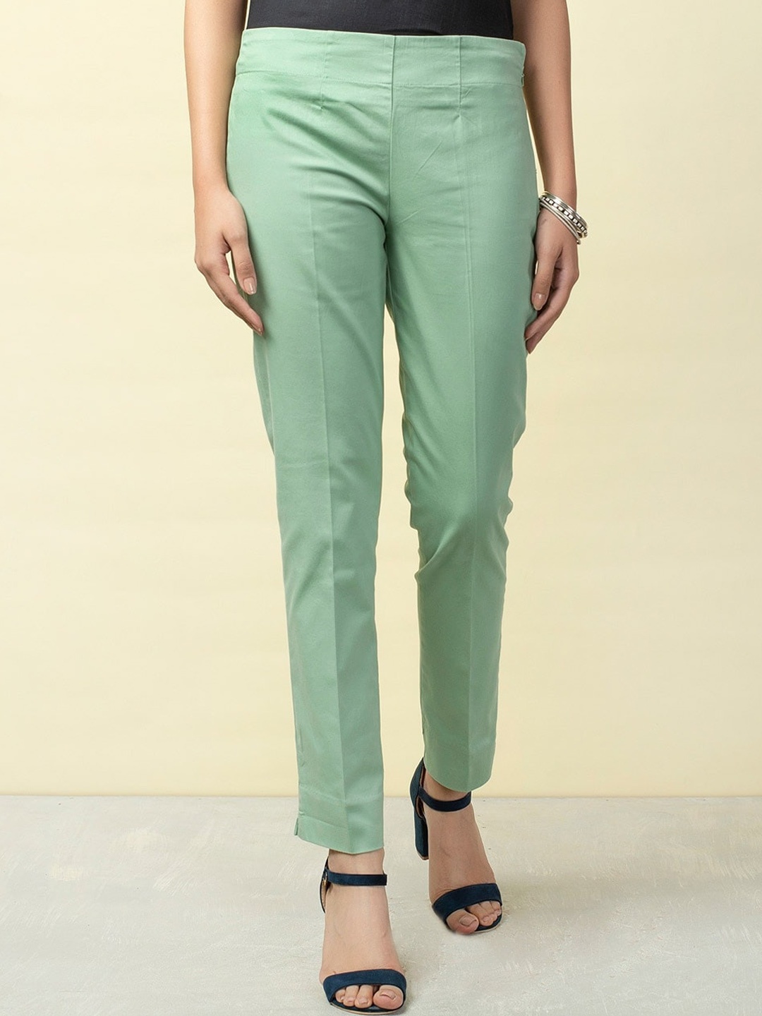 

Fabindia Women Cotton Slim Fit Trousers, Green