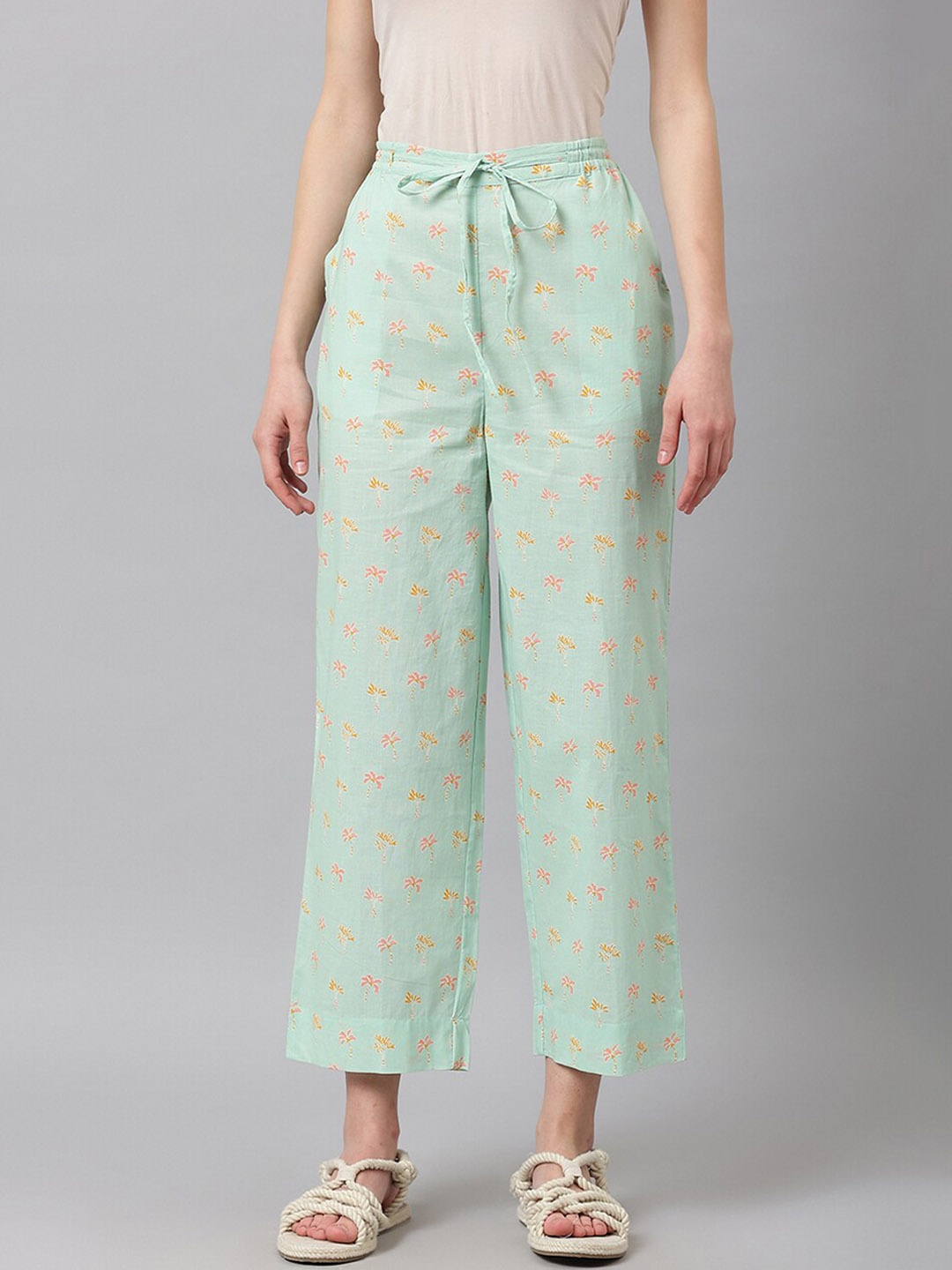 

Fabindia Women Floral Printed Cotton Comfort Fit Lounge Pants, Sea green