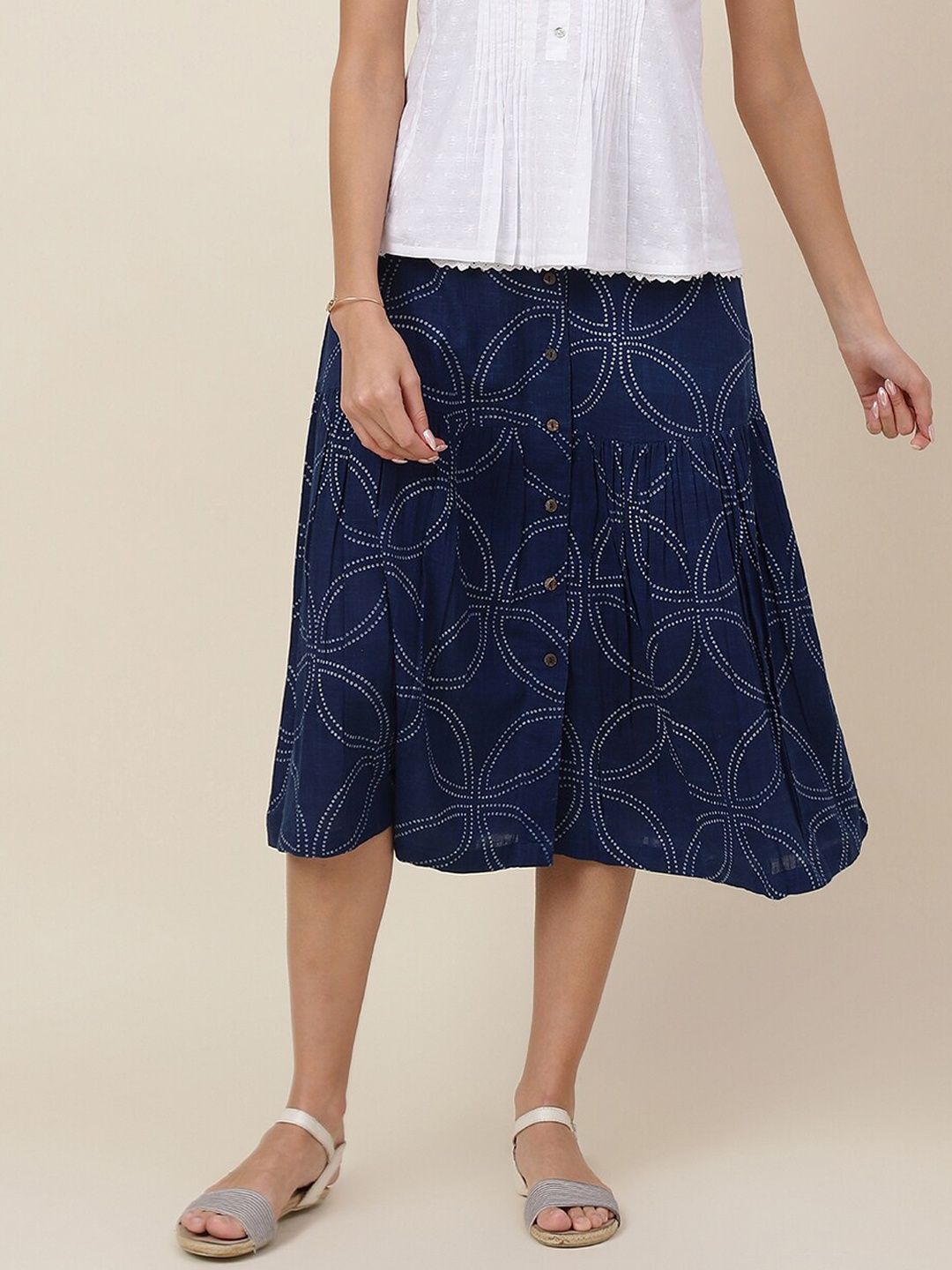 

Fabindia Women Printed Cotton Flared Midi Skirts, Blue